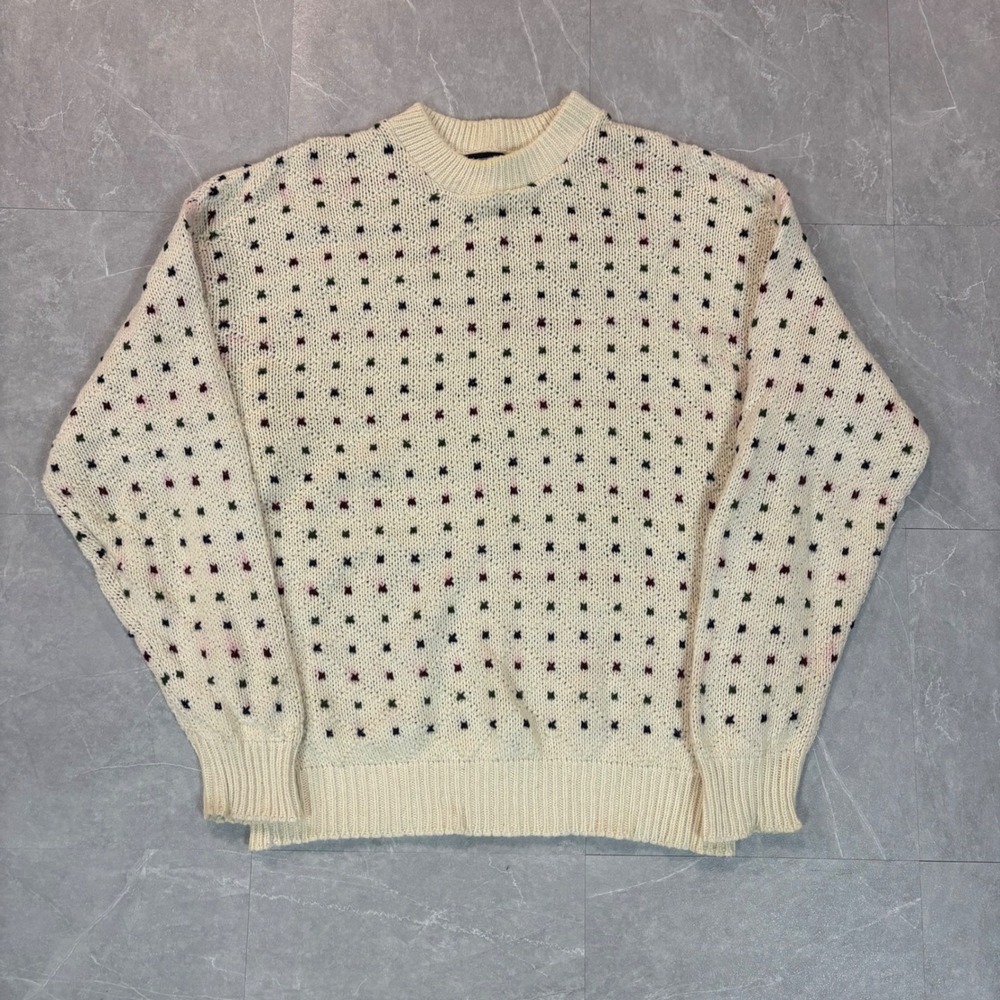 Vintage CJ Cotton Co Mens Large Cream Geometric Knit Sweater Made in USA 2224